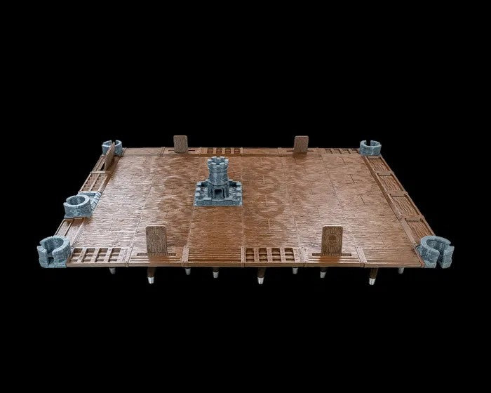 Wooden game board with textured surface and decorative elements on a black background